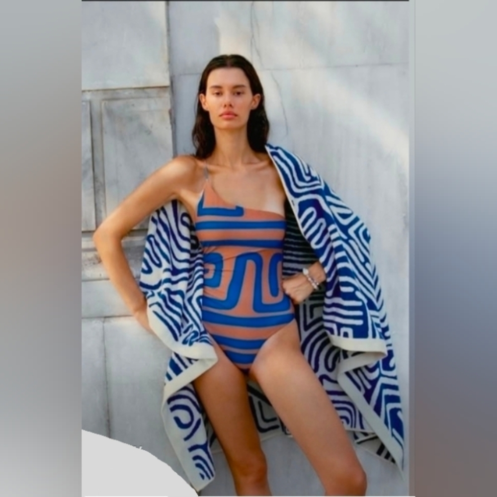 OAS One-Shoulder Geometric Blue and Tan Swimsuit
